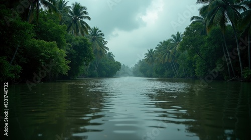 Flooded riverine jungle under a stormy spring afternoon sky. Thunderclouds loom as murky waters flow through dense vegetation, creating a dramatic, untamed scene.