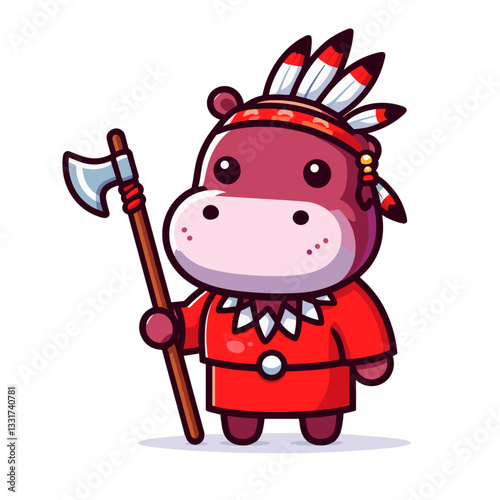 Tribal hippo chieftain with feather headdress and ceremonial axe in red outfit. Vector illustration for indigenous cultures, leadership roles and traditional ceremonies.