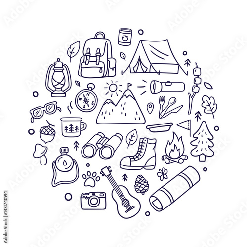 Doodles of camping and outdoor adventure. Includes travel equipment, and nature elements like mountains, trees, leaves, and stars. Hand-drawn vector illustrations isolated on a white background.