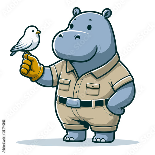 Gentle hippo zookeeper with white bird and khaki uniform. Vector illustration for wildlife conservation, animal care and zoological profession concepts.