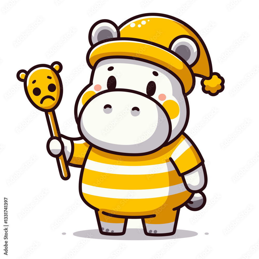 Fototapeta premium Cheerful hippo beekeeper in yellow striped outfit with honey dipper. Vector illustration for honey production, bee farming and natural sweetener concepts.