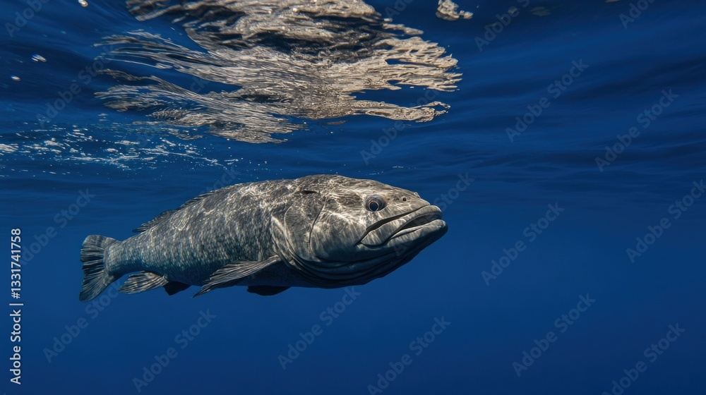 Naklejka premium Underwater shot of a large, grey fish swimming in deep blue water.