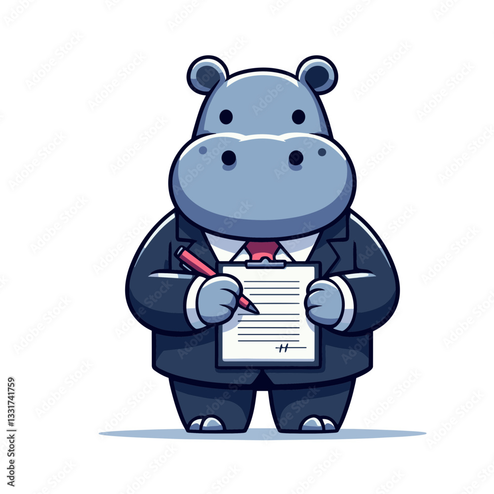 Naklejka premium Professional hippo businessman with contract document in navy suit. Vector illustration for legal agreements, business negotiations and corporate paperwork concepts.