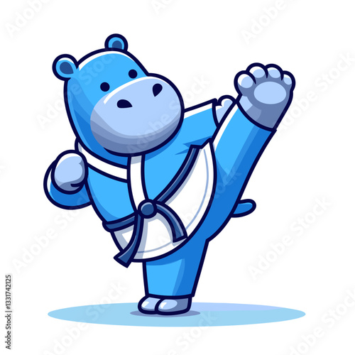 Athletic hippo in blue karate gi performing high kick. Vector illustration for martial arts training, self-defense classes and competitive sports concepts.