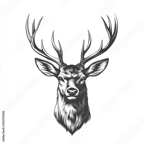 Grayscale Illustration of a Deer Head with Antlers