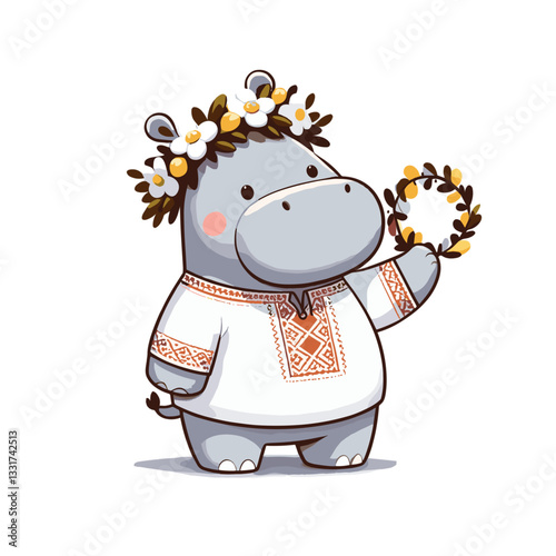 Cultural hippo in traditional ethnic embroidered shirt with floral crown. Vector illustration for folk traditions, cultural heritage and national costume concepts.