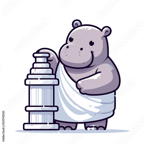 Elegant hippo in traditional Roman toga beside marble column. Vector illustration for classical architecture, ancient civilization and historical character concepts.