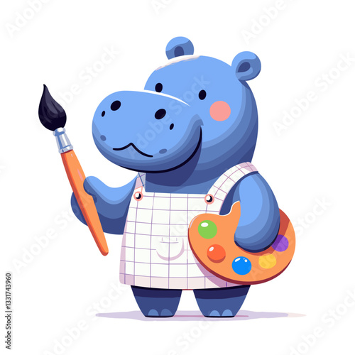 Artist hippo with paintbrush and palette in apron. Vector illustration for creative workshops, art classes or children's educational activities about painting.