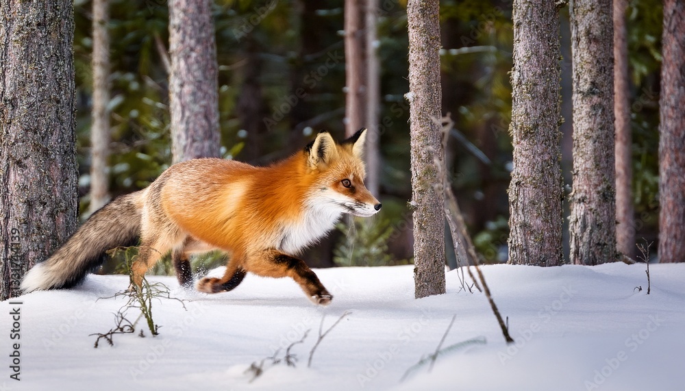 Obraz premium Vibrant red fox dashes through a dense taiga forest, its bright fur creating a striking contrast against the pristine white snow. A vivid winter wildlife scene