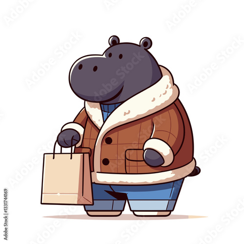 Hippo in winter coat with shopping bag. Vector illustration for seasonal shopping, winter fashion or retail therapy concepts.