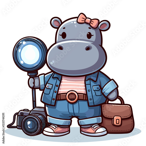Female hippo photographer with camera and equipment. Vector illustration for creative professions, photojournalism or travel photography concepts.