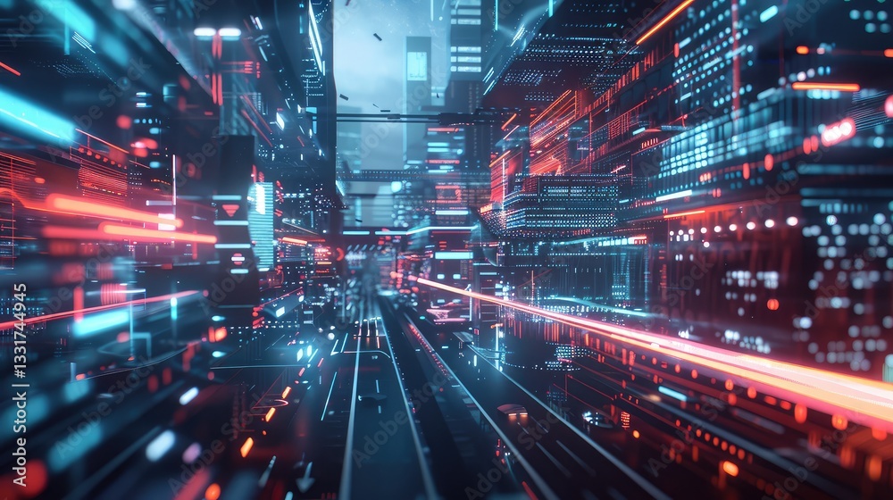 Neon Futuristic Cityscape with Digital Light Trails Neon Futuristic Cityscape with Digital Light Trails