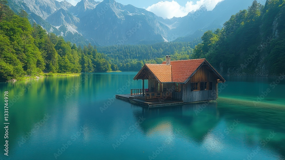 Naklejka premium Secluded wooden lake house nestled in tranquil mountain scenery.