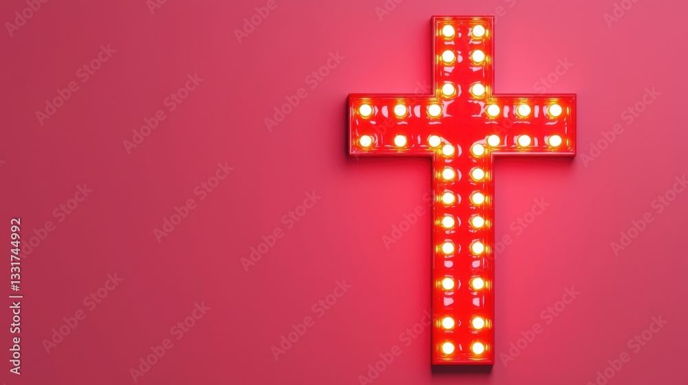 Obraz premium Bright Red Neon Cross with Glowing Lights on Pink Background Perfect for Religious and Spiritual Themes