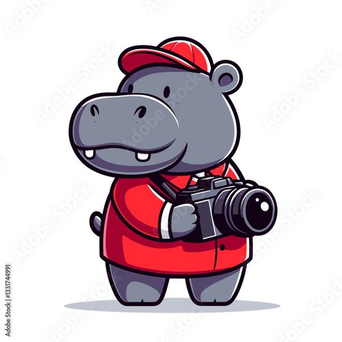 Photographer hippo with camera in red jacket. Vector illustration for creative professions, photography courses or media production concepts.