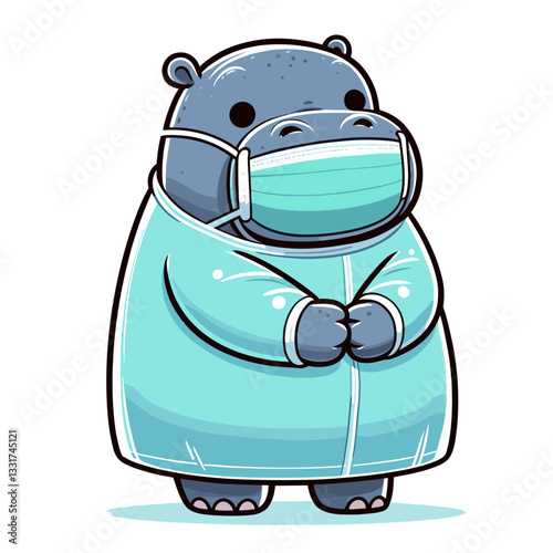 Medical hippo in protective mask and scrubs. Vector illustration for healthcare awareness, virus protection or medical profession concepts.