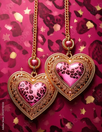 ハート, ネックレス, ペンダント, ジュエリー, ゴールド, ピンク, レオパード柄, ヒョウ柄, ラグジュアリー, エレガント, ロマンチック
