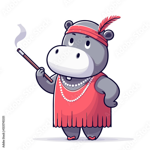 Flapper hippo in 1920s dress with cigarette holder. Vector illustration for vintage themed events, historical costume parties or retro style concepts.