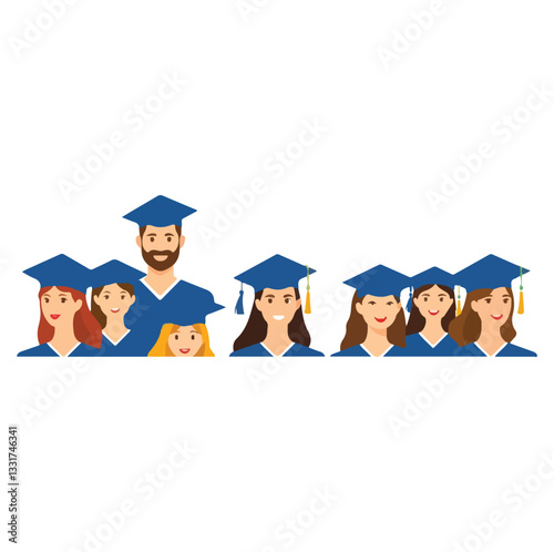 Modern flat vector horizontal illustration of a group of multiracial young people graduate bachelor degree, in graduation gowns and mortarboards. Education, training or business school concept