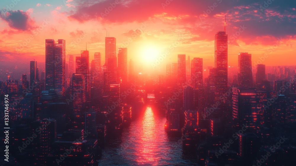 Fototapeta premium Vibrant sunset over futuristic cityscape with river.