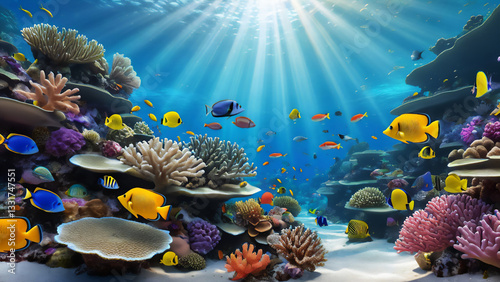 under water scene of a coral reef with light rays, ai generated
