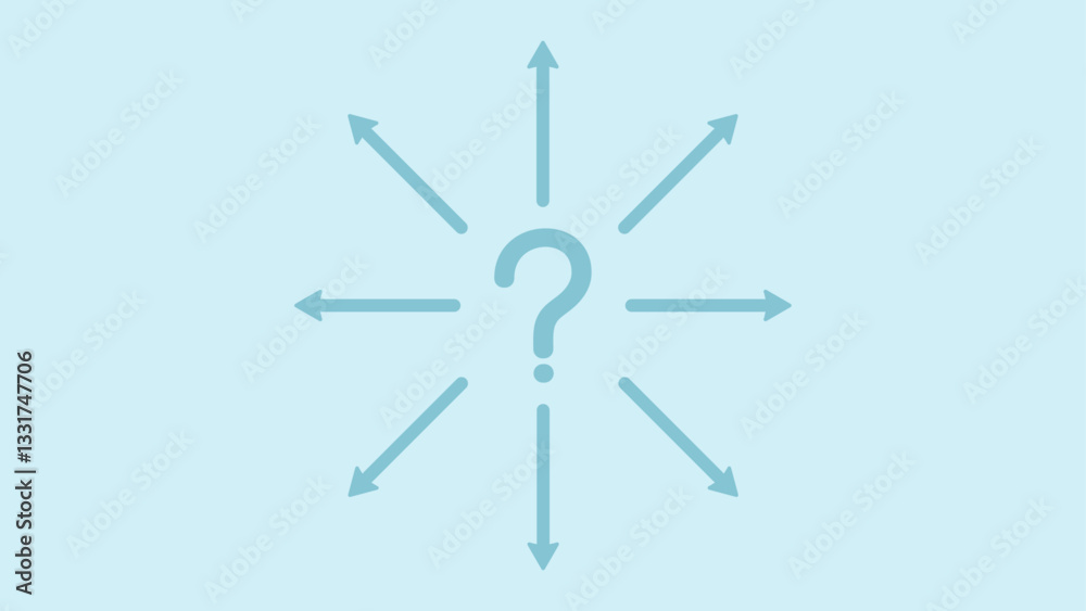Question mark surrounded by arrows pointing outwards, symbolizing different paths and options, on a light blue background Question mark surrounded by arrows pointing outwards, symbolizing different paths and options, on a light blue background