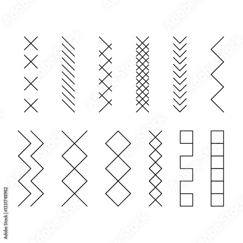 Embroidery stitches. Sewing machine lines different ornamental forms dividers and borders recent vector stiches templates set