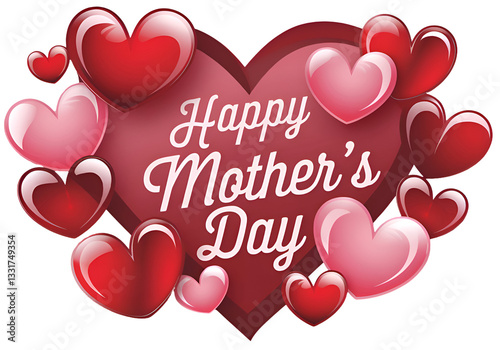 A mother's day congratulatory image composed of various sized pink hearts. The hearts say 'Happy Mother's Day'.
