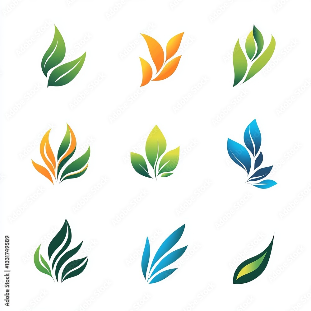 Fototapeta premium Nine Colorful Stylized Leaf Designs on White Background