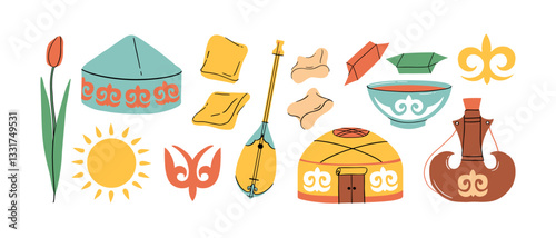 Kazakh national elements, ornaments hand drawn Nauryz color set. Kazakh Yurt, shanyrak, dombra, sun, tulip, kumiss, asyk, bowl, candy