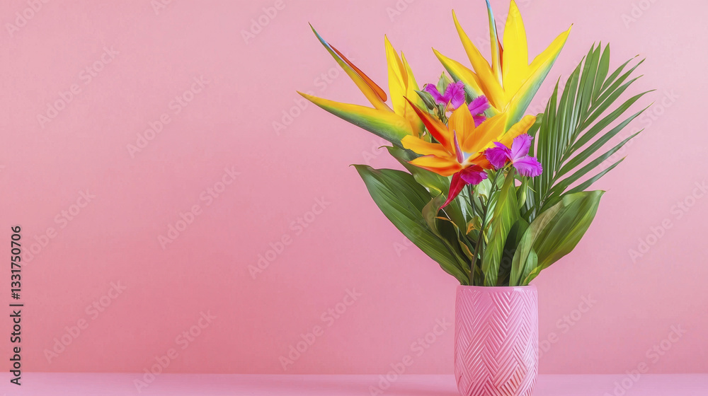 Obraz premium Bright tropical flowers in pink vase against pastel pink background