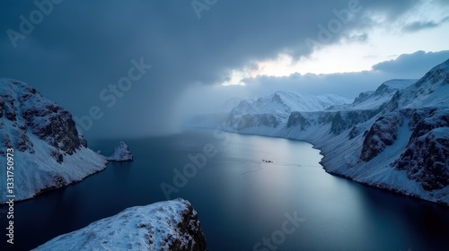 Wallpaper Mural Majestic winter fjord at dusk, surrounded by icy cliffs. A tornado sky looms above, casting dramatic shadows over the frozen waters. A professional, high-resolution landscape photo. Torontodigital.ca