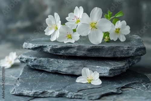 Gray Stone Slabs with White Flowers for Cosmetic Product Display on Pastel Background