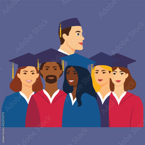 Modern flat vector horizontal illustration of a group of multiracial young people graduate bachelor degree, in graduation gowns and mortarboards. Education, training or business school concept