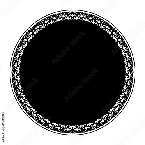 Round black decorative frame. Kazakh national round pattern, frame, persian motif. Ethnic ornament of the nomadic of Asia, Turks, Kazakhs, Kyrgyz, Mongols. For plate, sandblasting, ceramic, embroidery