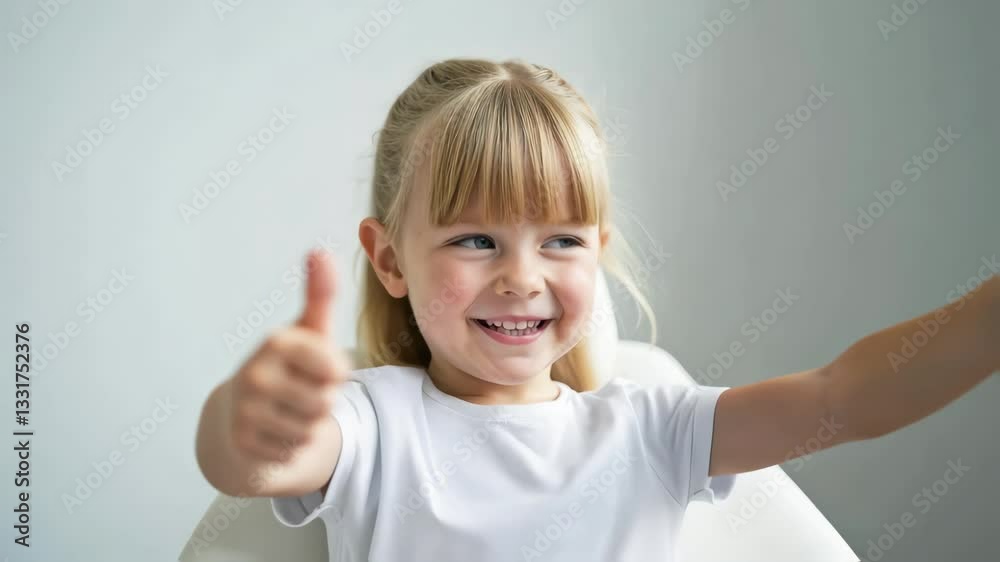 Little blonde-haired girl in dentist's chair, showing thumbs up, satisfied with treatment, on light background. Children's dentistry, routine checkup, no fear of treatment and pain Little blonde-haired girl in dentist's chair, showing thumbs up, satisfied with treatment, on light background. Children's dentistry, routine checkup, no fear of treatment and pain
