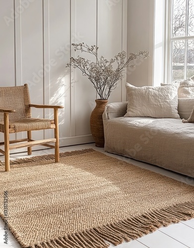 Scandinavian Living Area Natural Woven Rug Simple Chair Light Gray Couch