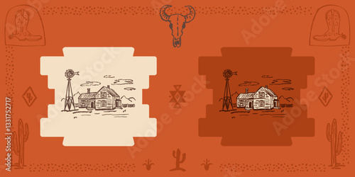 Farm house with windmill vector illustration vintage old western country ranch art