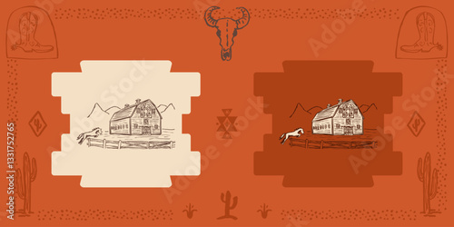 American shed farm house ranch cattle vector illustration vintage old western country ranch art
