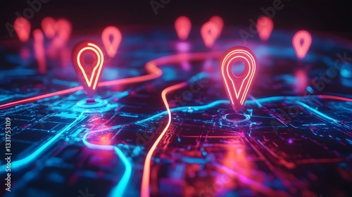 Abstract Neon City Map with Glowing Location Markers