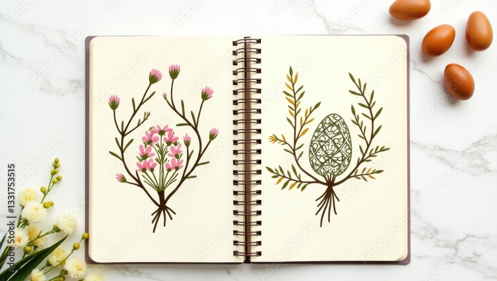 Fototapeta premium Happy easter egg day frame paper cartoon page with floral designs on a marble background
