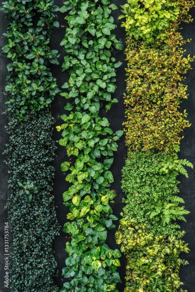 Vertical garden panels of varying shades of green and dark green foliage. Dark background provides a striking contrast Vertical garden panels of varying shades of green and dark green foliage. Dark background provides a striking contrast