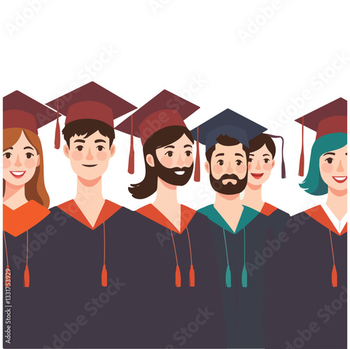 Modern flat vector horizontal illustration of a group of multiracial young people graduate bachelor degree, in graduation gowns and mortarboards. Education, training or business school concept