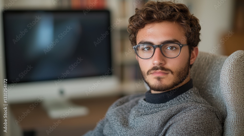 Fototapeta premium Thoughtful young man with curly hair in modern office setting