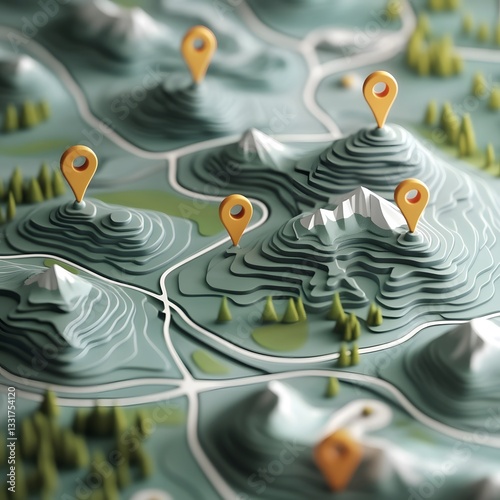 Stylized 3D Topographic Map with Orange Location Markers