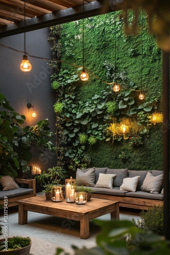 Obraz na płótnie Rustic outdoor living space with lush greenery w salonie