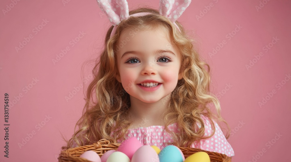 Portrait of smiling beautiful Caucasian girl 4-5 years old with bunny ears headband on her head and basket of Easter colorful eggs in her hands, pink background Portrait of smiling beautiful Caucasian girl 4-5 years old with bunny ears headband on her head and basket of Easter colorful eggs in her hands, pink background