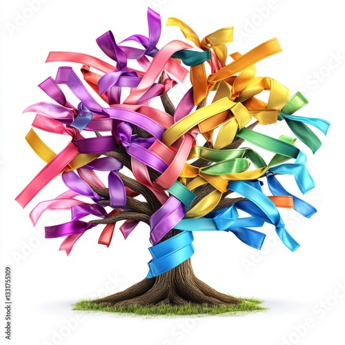 Cancer awareness tree with multicolored ribbons isolated on white background