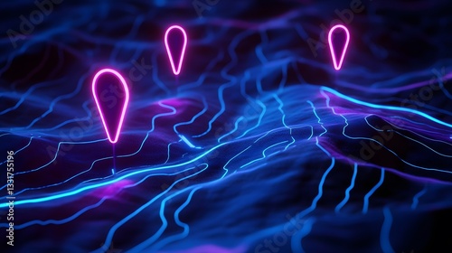 Abstract Neon Map Markers on Glowing Digital Landscape