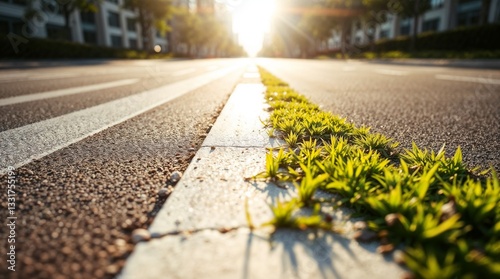 Grass growing between cracks on an urban road at sunrise. Urban nature reclaiming space in a cracked asphalt street